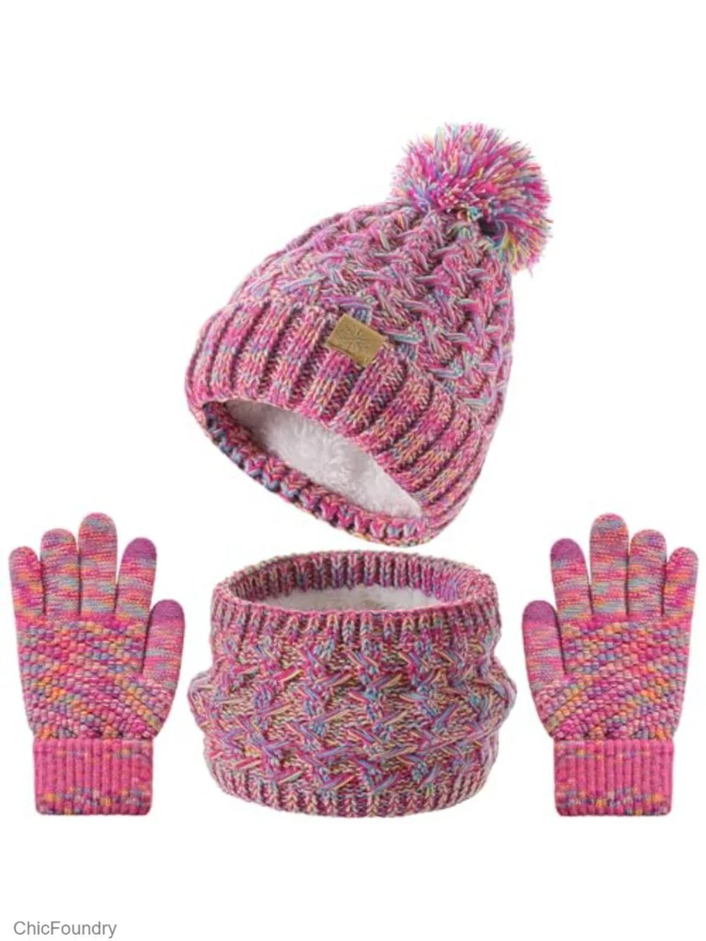 Girls Fleece Lined Knitted Pom Hat, Scarf, Gloves Set Winter Warm Set
